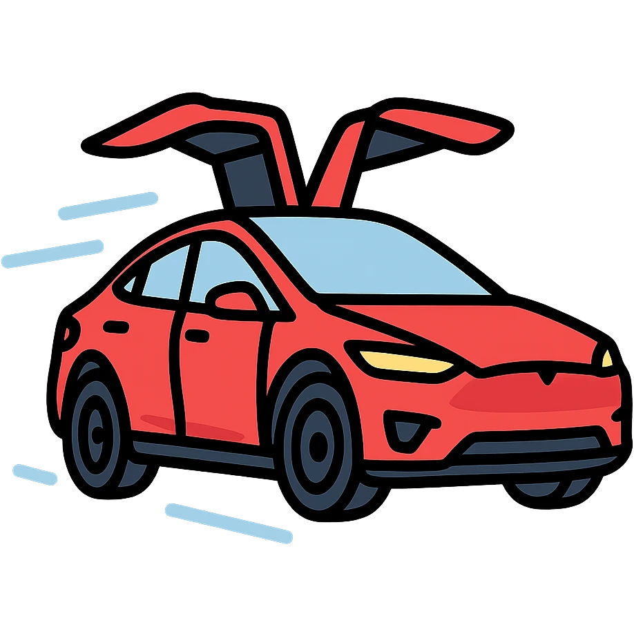 red Tesla Model X, falcon wings up, dynamic left-to-right motion, angled upward, minimal vector style emoji