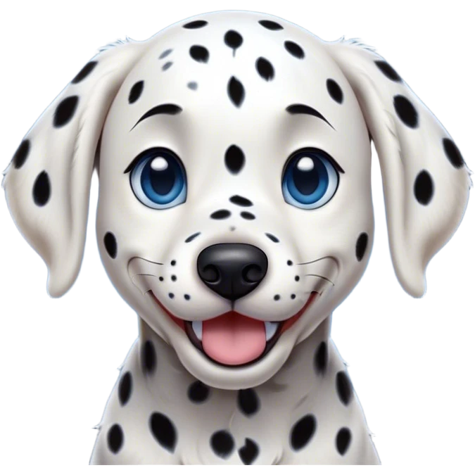 Cinematic Comical Spotted Dalmatian Portrait Emoji, Head tilted dramatically with an exaggeratedly shocked or amused expression, featuring a striking Fur of predominantly white with vivid black patches, wide, expressive blue eyes filled with playful disbelief, Simplified yet hilariously expressive features, highly detailed, glowing with a slightly sassy glow, high shine, dramatic yet playful, stylized with an air of cheeky charm, bright and endearing, soft glowing outline, capturing the essence of a spirited and over-the-top guardian, so meme-worthy it feels like it could side-eye its way into internet fame instantly! emoji