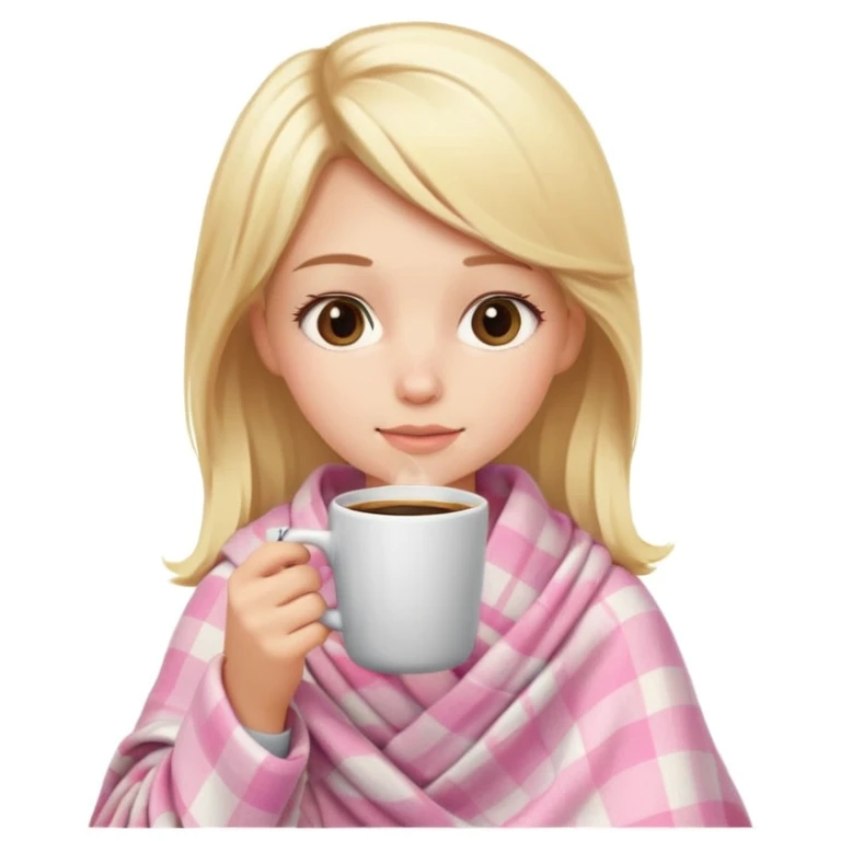 cute blonde girl wrapped in pastel pink plaid blanket drinking coffee emoji
