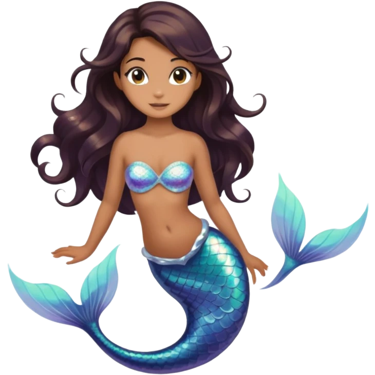 Mermaid with dark brown hair, tan skin, a holographic tail and hazel eyes in ocean emoji