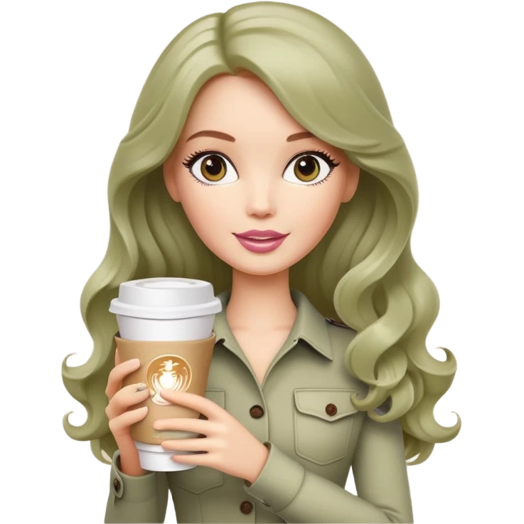 A white Barbie girl with long dark brown wave hair and a pale olive paper cup of coffee emoji