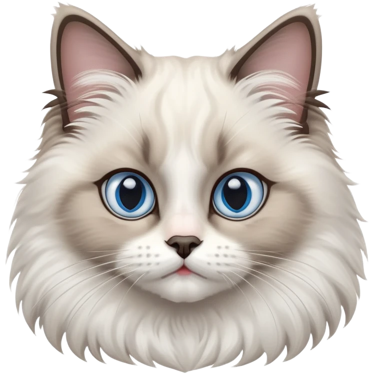 cinematic-adorable-big-eyed-fluffy-ragdoll-cat-portrait-emoji,-head-tilted-playfully-with-a-sweet-expression,-fluffy-white and grey-fur,-simplified-yet-irresistibly-cute-features-with-large,-expression, blue eyed ragdoll cat emoji
