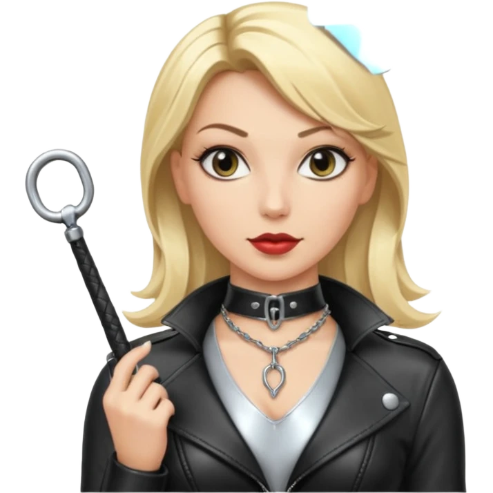Dominatrix with blonde hair, leather outfit, long key necklace, and a whip emoji