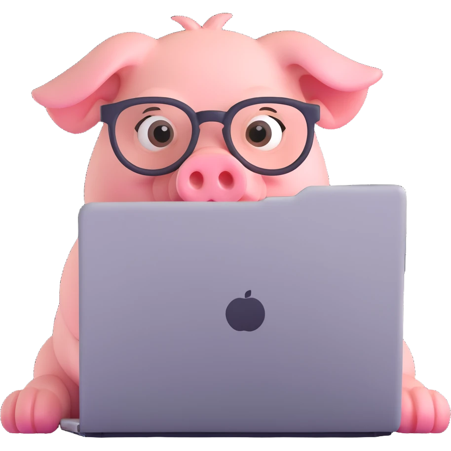 pig hacker emoji, simple, round face, glasses, typing on a laptop emoji