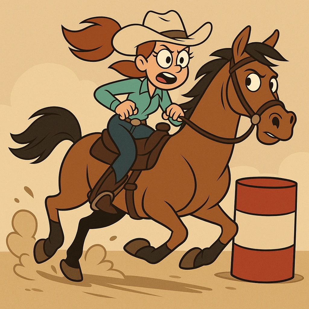 a girl barrel racing on a horse, western cartoon style emoji