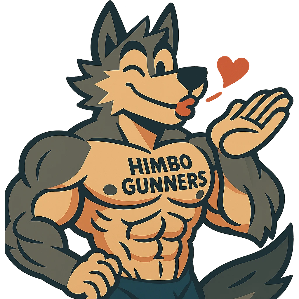 super buff wolf furry, shirtless, with 'Himbo Gunners' tattooed on his pecs, blowing a kiss and winking, happy and flirty, highly defined and detailed muscles, ultra high quality emoji