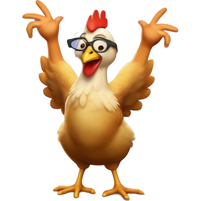 Chicken little from the movie chicken little with his tongue out and holding up two peace signs with his chicken hands emoji