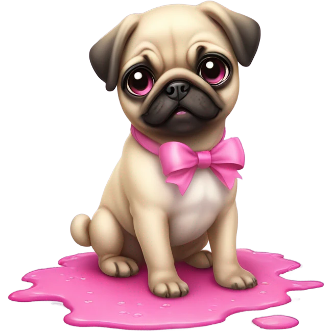 Baby pug with big pink
eyes wearing a pink bow above 1 ear sitting in a puddle  emoji