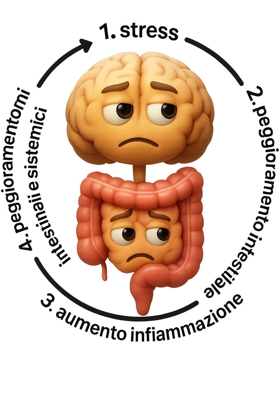 EMOJI STILE IPHONE 3D DI un cerchio con queste scritte che girano intorno in ordine per come li ho scritti "1. stress → 2. peggioramento intestinale → 3. aumento infiammazione → 4. peggioramento sintomi intestinali e sistemici." al centro del cerchio metti un cervello e intestino umani collegati verticalmente con espressione dubbiosa in volto, FALLO MOLTO REALISTICO IN 3D emoji