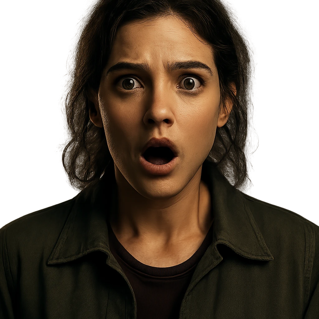 Centered portrait of the same woman with a surprised expression, transparent background, in the style of a Netflix series poster, cinematic and dramatic lighting, realistic and detailed. emoji