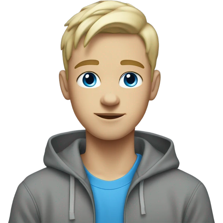 A white teen with a blonde low taper fade and a grey hoodie on with blue eyes emoji