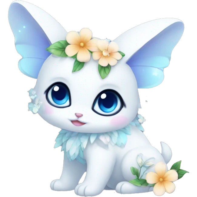 Edgy Cute Cool Kawaii gorgeous sparkly ethereal white fantasy animal with blue eyes sona with flowers and butterflies emoji