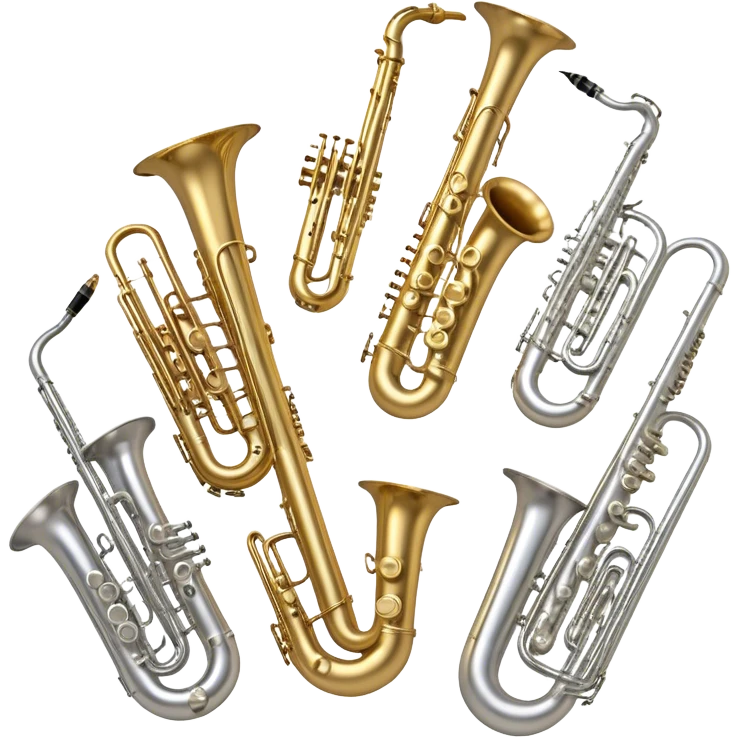 Create a professional, harmonious emoji collage symbolizing wind instruments.  The instruments should be in metallic gold, silver, and brass tones, with subtle reflections to convey a professional and polished appearance. Add soft musical notes or soundwaves to surround the instruments, creating a sense of movement and sound. The background should be transparent, ensuring all instruments are the focus and the composition remains harmonious and balanced. emoji