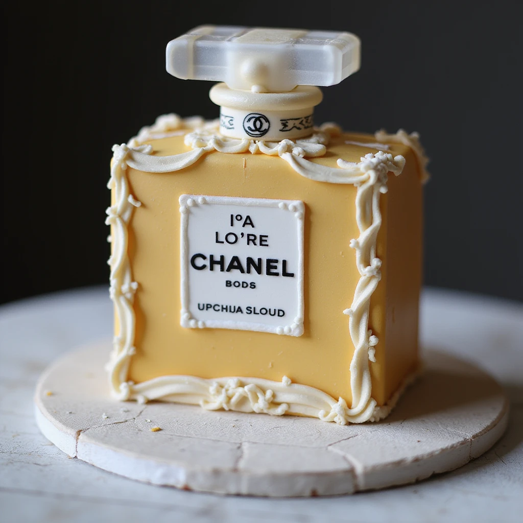 photorealistic Chanel perfume bottle cake, elegant details, no background emoji