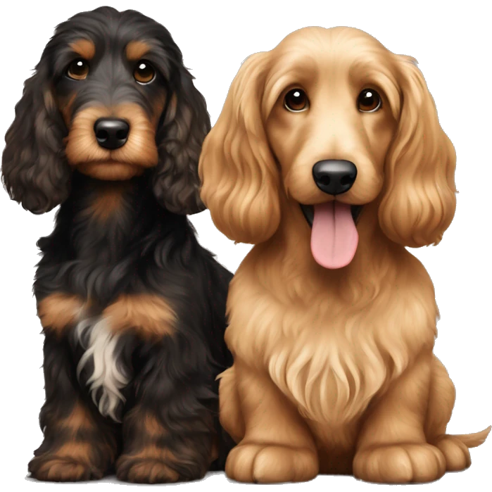 Brown golden doodle and black and tan and cream longhair dachshund sitting together  emoji