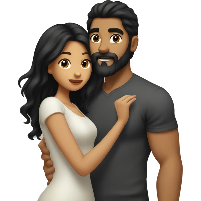 Medium skinned toned short bearded man with black hair kissing medium skin toned girl with black long hair emoji