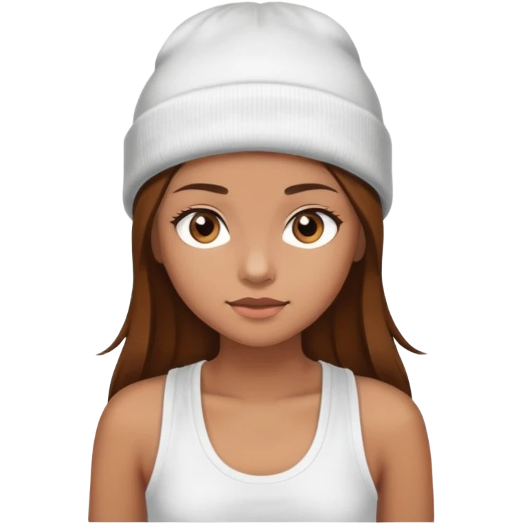 Girl with light brown skin hazel eyes long brown hair wearing a white tank top and beanie emoji