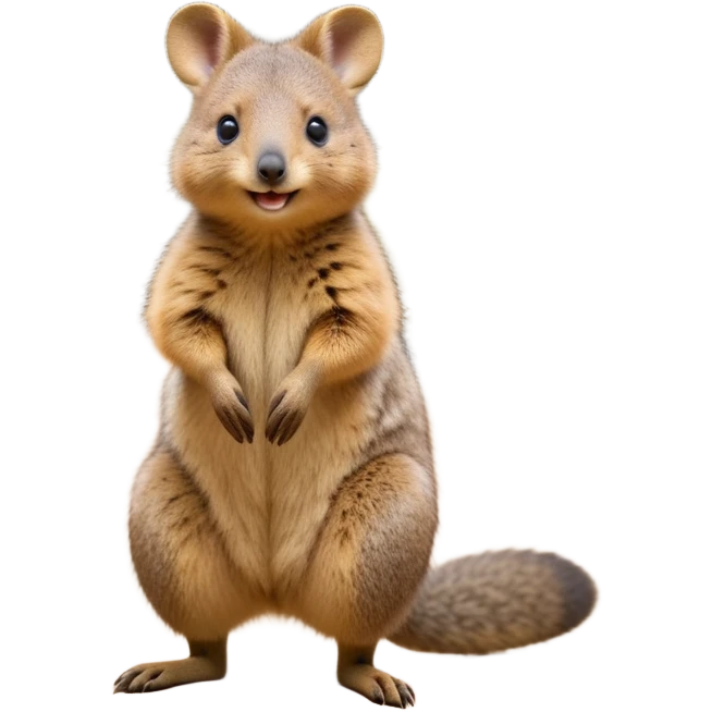 cinematic-quokka wallaby-realistic-full-body-standing on its hind legs hunched over-emoji,-small-round-frame-balanced-on-tiny-strong-hind-legs,giant fluffy cheeks large smile-fluffy-brown-fur-radiating-a-warm-softness,-big-round-eyes-filled-with-joy-and-innocence,-tiny-clawed-paws-held-close-to-chest,-cheerful-smile-exuding-endearing-happiness,-simplified-yet-realistic-focused-features,-highly-detailed,-glowing-with-a-sunny-warmth, skinny tail emoji