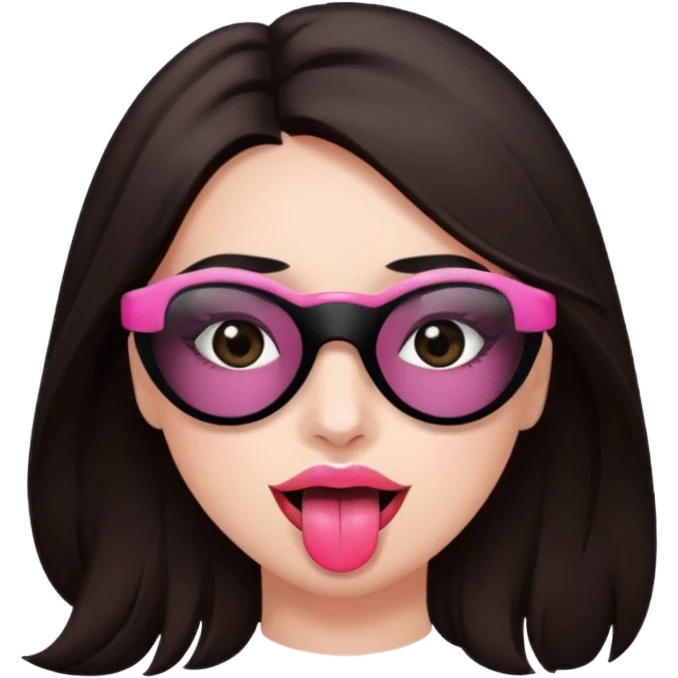 woman with dark brown hair wearing black band over eyes with tongue out emoji