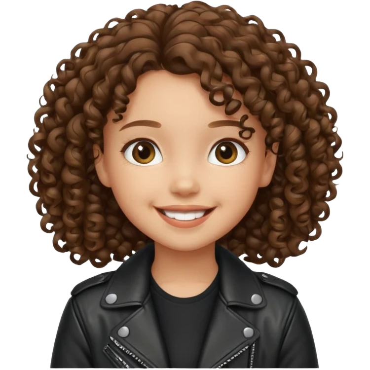 girl kid curly brown hair wear leather jacket, smile happy emoji
