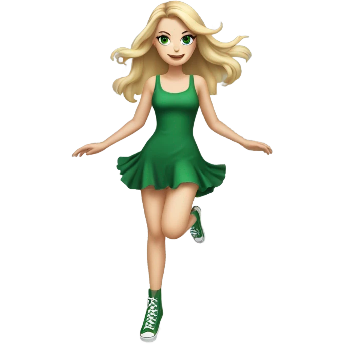 Realistic White girl with Long straight blonde hair, green eyes, tattoos, full body wearing green dress, dancing emoji