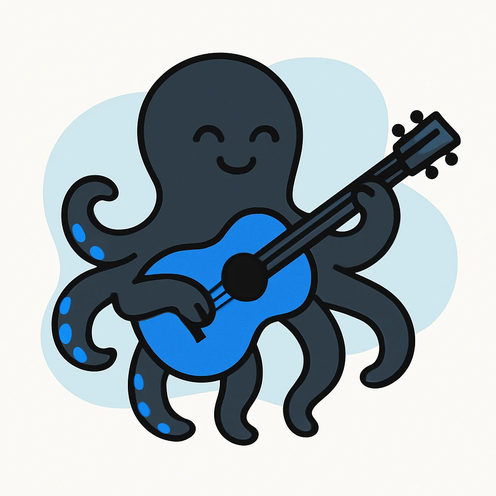 happy octopus with multiple arms playing guitar emoji