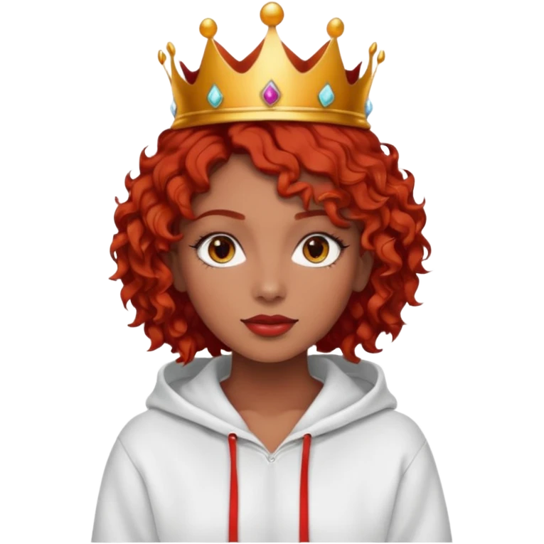 Slim girl with a fine face, dark chocolate-colored and tanned skin, medium-length curly tomato-red hair, dark eyes, medium-thick eyelashes, and a crown and hoop earrings wearing a white hooded sweatshirt.
 emoji