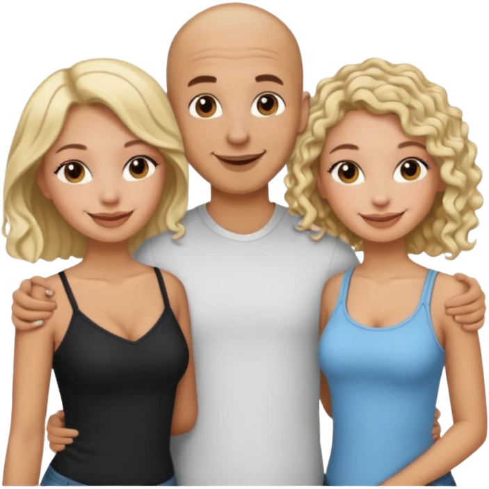 throuple tatted bald boyfriend with two girlfriends, one long blonde hair, other short curly brunette  emoji