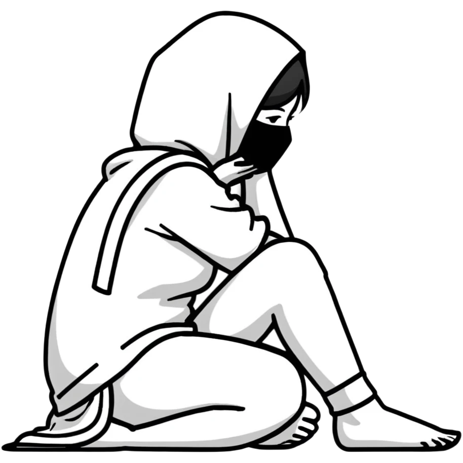woman sitting on floor in profile view crying with face covered by arms emoji