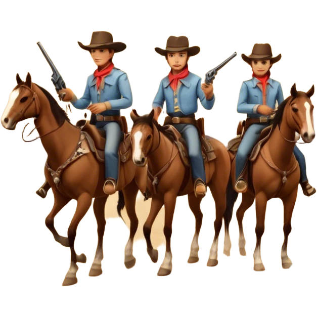 Icon for Western: A vintage movie poster-style design with cowboys on horseback, dusty desert landscape, and a setting sun. Include cowboy hats, revolvers, and an old saloon. The design should have bold typography and a retro cinematic feel. Transparent background. emoji