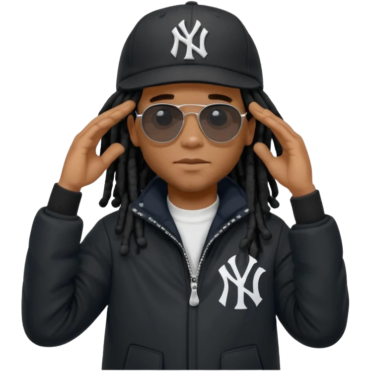 African American man with shoulder length black dreadlocks wearing black sunglasses with black bubble winter coat wearing a New York Yankees baseball hat with his hands on top of head in thinking position emoji