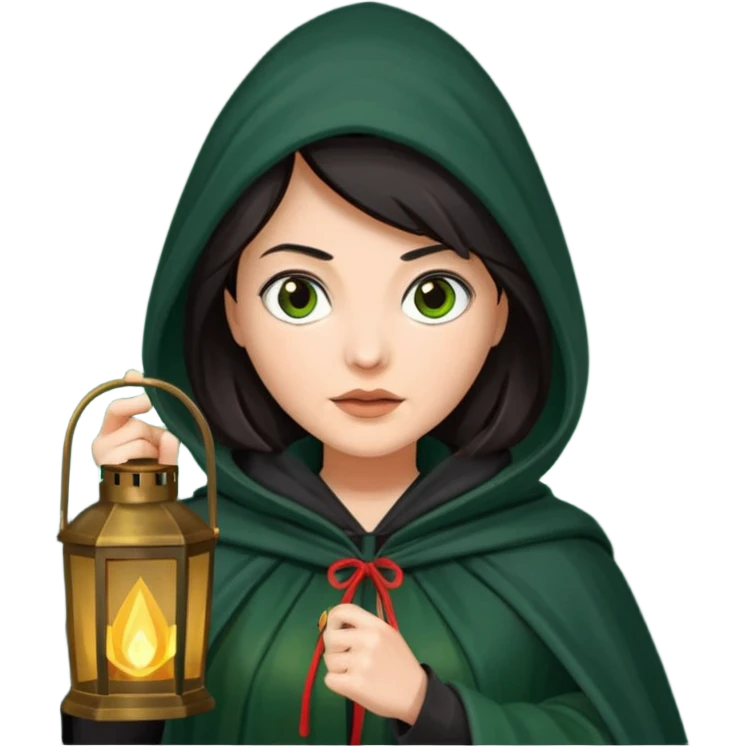 traitor tv show, dark haired woman wearing dark green cloak with hood up who looks evil and is holding up a lantern emoji