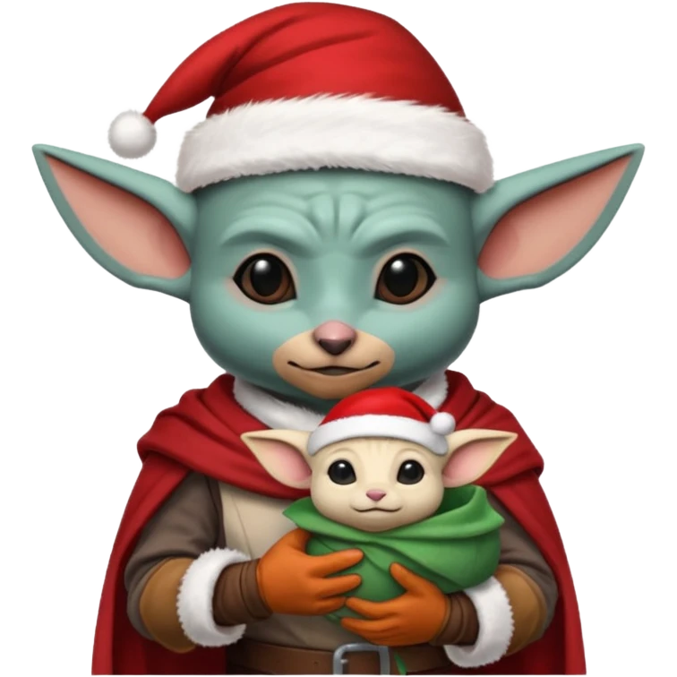 mandalorian holding grogu wearing santa hat emoji