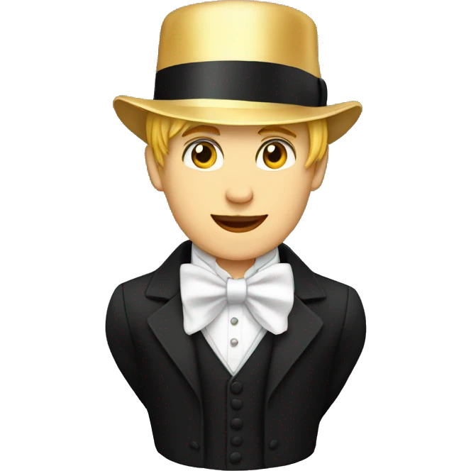 Full head young man, golden hair, white bow, white bow tie, black jacket, white waistcoat and top hat, emoji