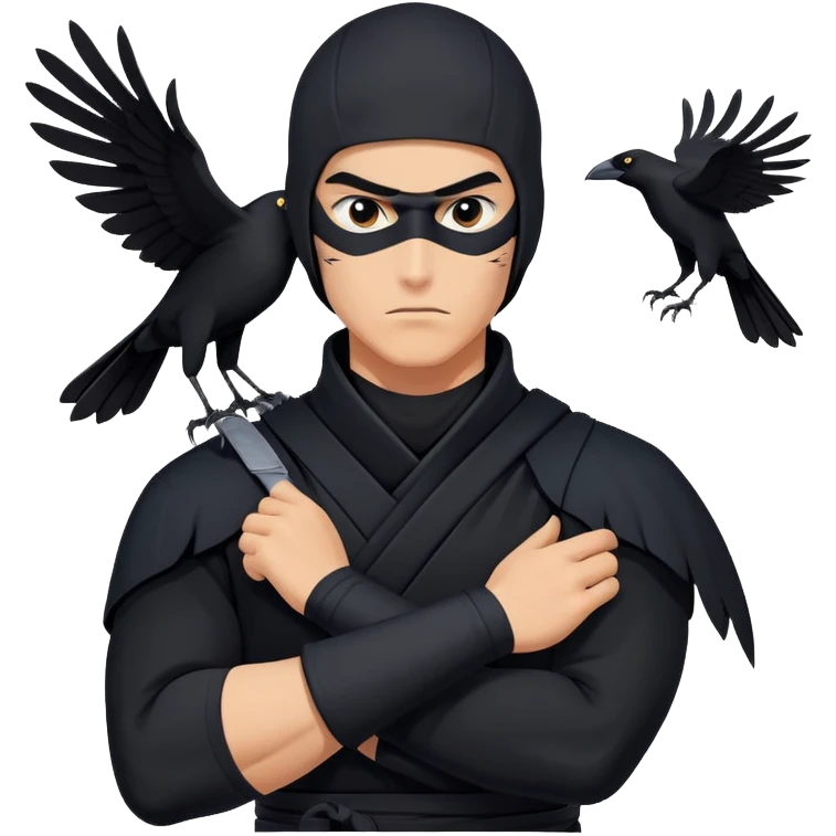 clash-of-clans-aesthetic_-cinematic-mysterious-male-ninja-portrait-emoji, rendered in a flat, vector-style with minimal shading and bold, simplified shapes, his arm is stretched out  with a head slightly turned revealing intense, focused eyes. the ninja has his arm out and perched on top of his forearm is  a  giant black crow emoji
