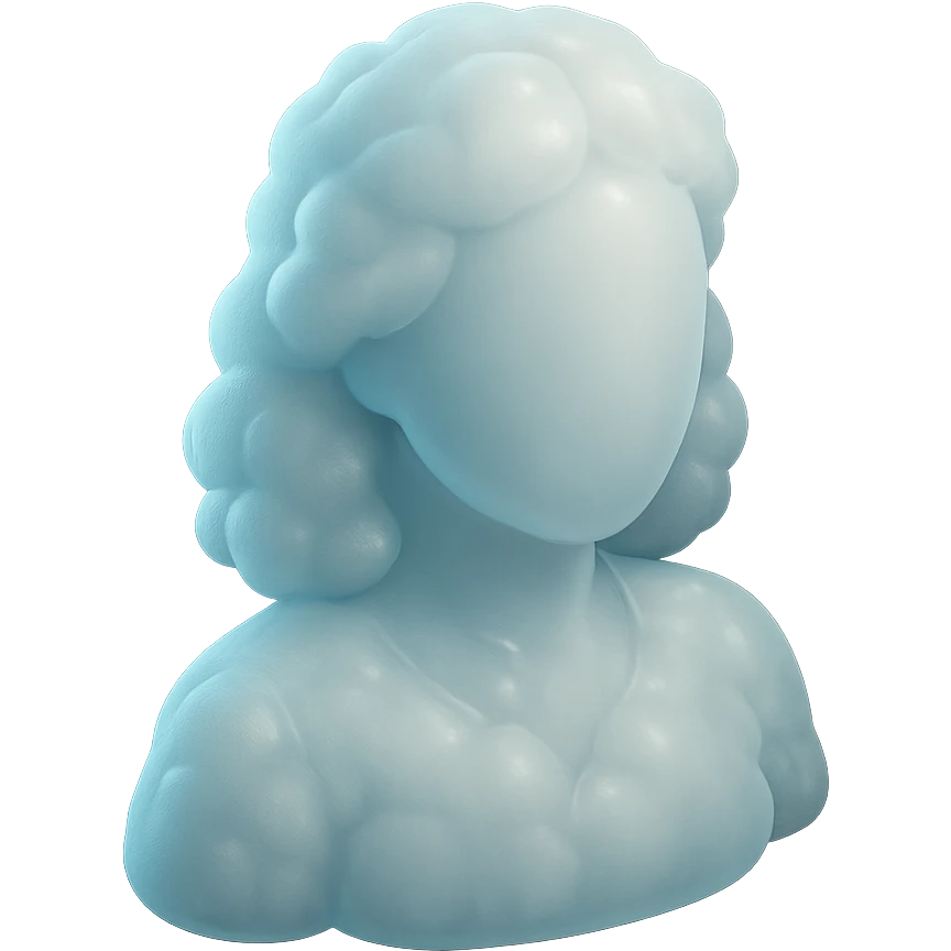 faceless person, facing straight, fully composed of white fluffy convex clouds, shoulder length, no shadows emoji