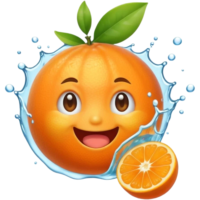 Cute emoji of a super-sweet mandarin orange with a fizzy soda-like feeling, juicy splash, bright orange color, happy expression, kawaii style, transparent background. emoji