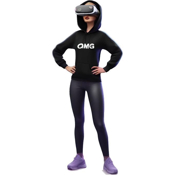 Russian girl wearing black hoody with violet letters "OMG", in vr headset oculus quest2. Standing like jedi. Cyberpunk style. Violet neon. emoji