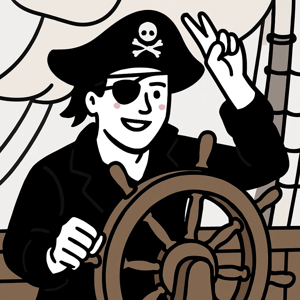 pirate with hat and eye patch at the helm of a pirate ship emoji