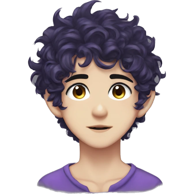 Anime boy short messy curly black hair, hai between eyes, purple eye color, elf ears, sharp slanted eyes emoji