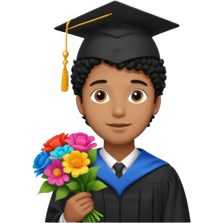 Graduated Students, Male,  brown skin, black curly hair, wearing graduation cap, holding bouquet of flowers
 emoji