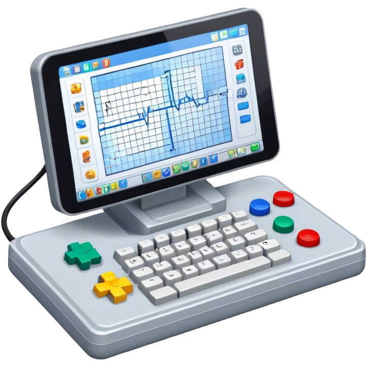 Emoji for Game Design: computer screen with Professional game development interface, 3D models, pixel art and design tools like grid, wireframe, gamepad, joystick, stylus. Symbolizes the technical and creative process of game development. Transparent background. emoji