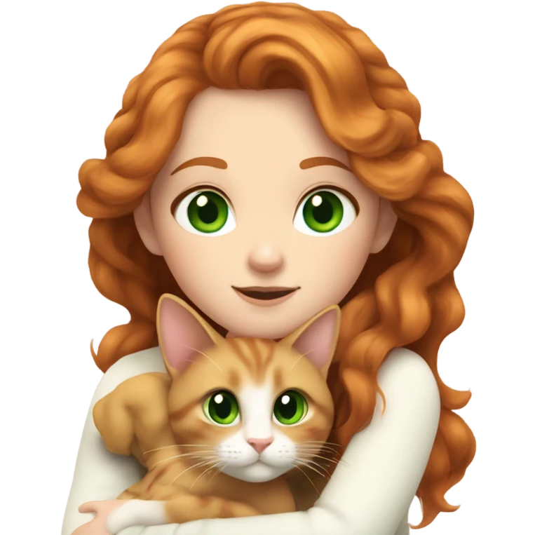ginger girl with wavy long hair and green eyes in turtle neck white sweater cuddling with a brown cat emoji