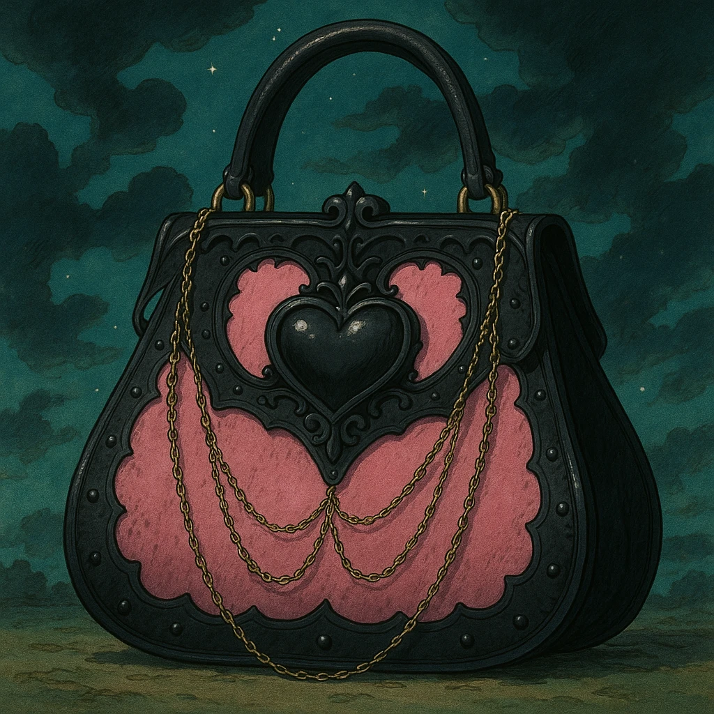 pink and black gothic purse, heart-shaped clasp, delicate chains, fantasy vibe emoji