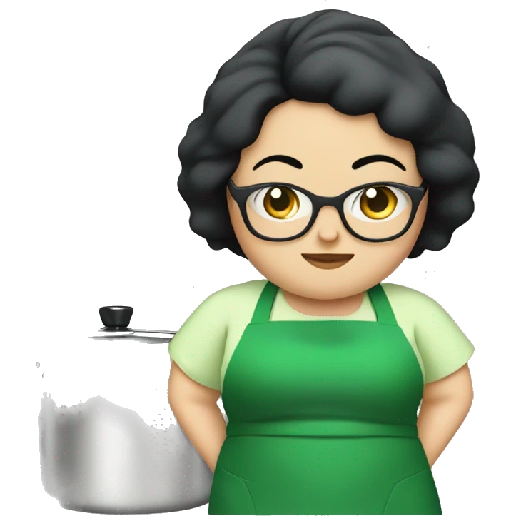 chubby lady with black hair green apron  with glasses cooking  emoji