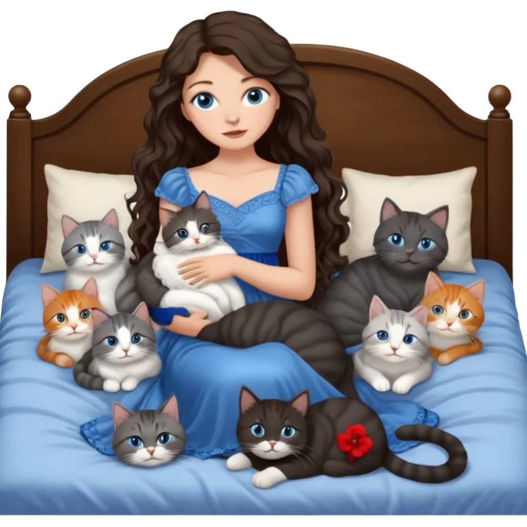 detailed realistic looking a dark grey and white cat regally laying with six other cats, cuddling with their owner in bed who is a pretty bratz lightly tanned white girl with long dark brown hair, blue eyes and gorgeous long wavy hair wearing a pretty detailed dress emoji