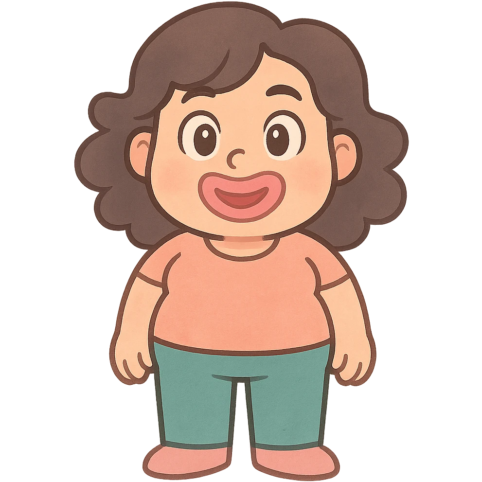 pastel toon style character with dark brown wavy hair, big brown eyes, small nose, big pink mouth, medium weight, medium height emoji