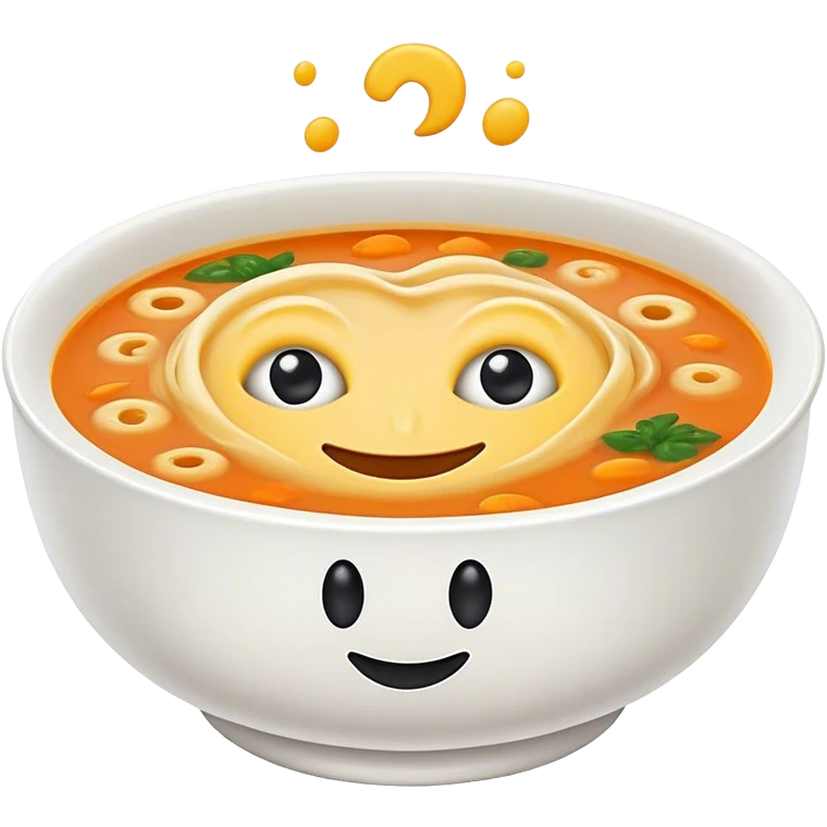 a bowl of soup with eyes and a smiley face floating on top of the soup emoji