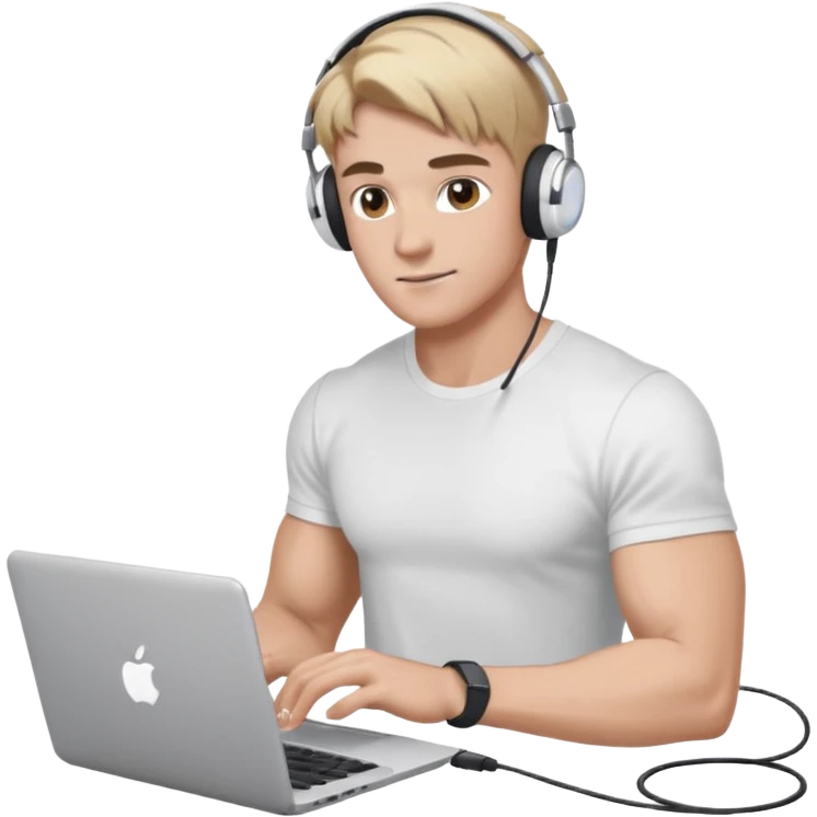 парень диджей накаченный молодой с диджейский пультом и ноутбуком красивый парень со светлыми волосами и черно кориченывыми глазамами и в наушниках apple airpods белых, в белой футболке emoji