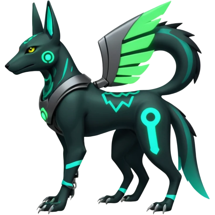 Black and green cyberpunk intricate neon glowing grey white futuristic cyborg-Anubis-Hermanubis-Zeraora-Zoroark-Umbreon-Litten-Salandit-fusion (full body) emoji